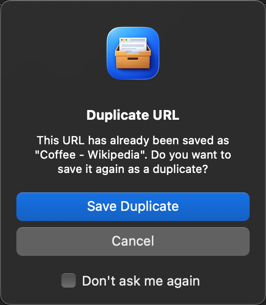 The duplicate warning before re-archiving a page.