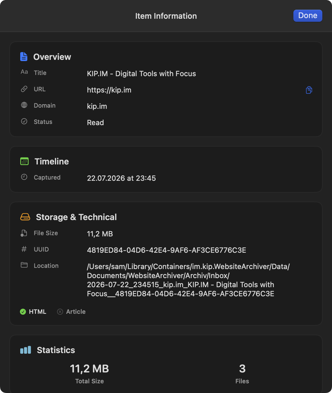 Das Info-Panel: Daten, Größe, Tags, Sammlungen und Statistiken.